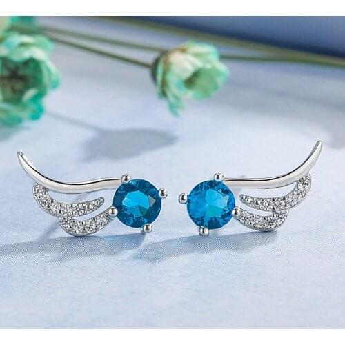 Chic Heart Angel Wings Blue Crystal Zircon Diamonds Gemstones Stud Earrings for Women Girl White Gold Silver Color Jewelry Gifts