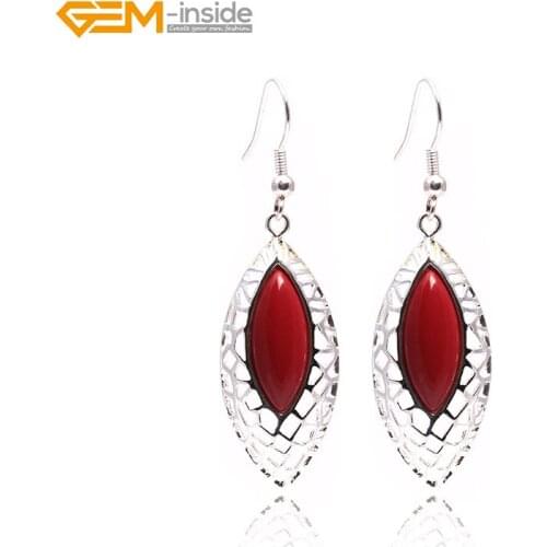 Gem-inside 28mm Rhombus Semi-precious Stone Dangle Earrings Tibetan Silver Hooks Earrings For Women Trinket Gift Jewellery