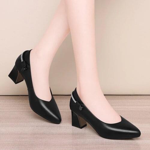 Genuine Leather High heel Shallow Mouth Women Shoes Fashion Office Work Wedding Party Shoes Ladies Low Heel Shoes Woman Autumn