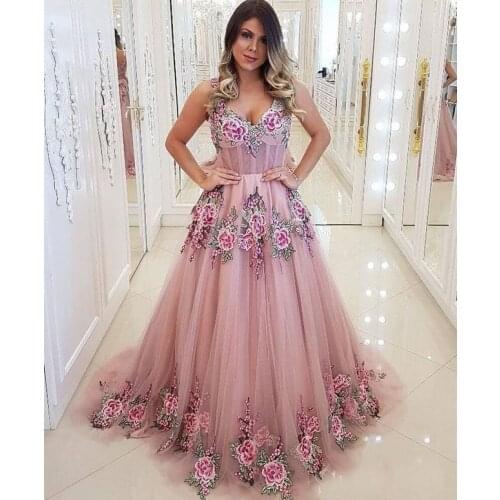 Pink Embroidery Prom Dresses 2021 Double V Neck A Line Formal Evening Dress Robe De Soiree
