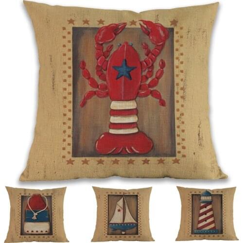 Vintage Wood Background Lobster Lighthouse stake Sea Sailboat Pattern Linen Throw Pillow Case Home Sofa Decoration Cushion Cover