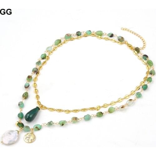 GuaiGuai Jewelry Natural Green Chrysoprases Chain Statement Necklace Coin Pearl Natural Green Malachites Charm For Women