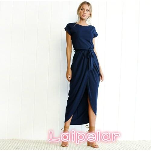 Laipelar Women Summer Dress Bohemian Asymmetrical Solid Ankle-length Empire O-neck