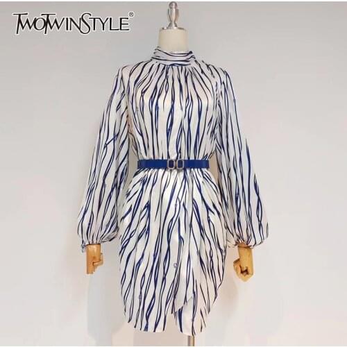 TWOTWINSTYLE Blue Striped Casual Sashes Slim Mini Dress Female Stand Collar Long Sleeve High Waist Dresses For Women 2021 Autumn