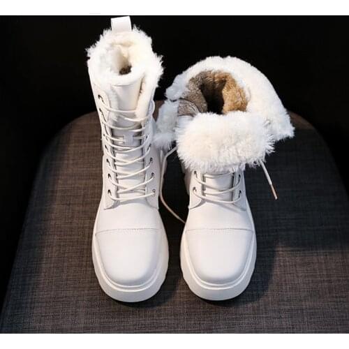 2021 Fashion Winter Warm Fur Boots White Ankle Chunky Boots For Women Round Toe Combat Martin Black Boots Platform Ladies Shoes