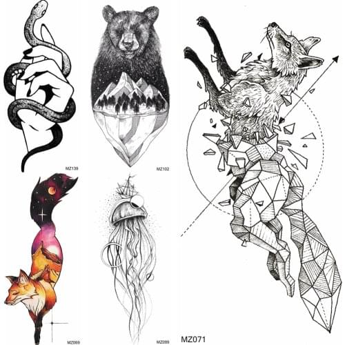 3D Wolf Bear Fox Temporary Tattoos Sticker Waterproof Snake Hand Jellyfish Tatoo Fake Planets Mountain Tatoos For Adult Body Art
