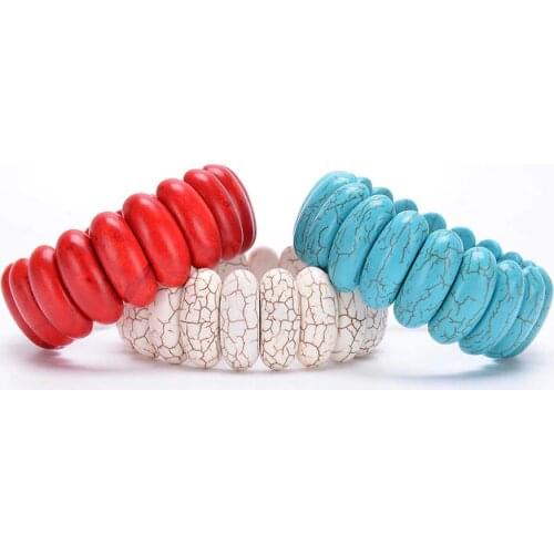 White Red Blue Stretch Howlite Bracelet Wrist Wrapped Wide Bracelets Fingernail Shape Stones Bangles for Men Healing JewelryD040