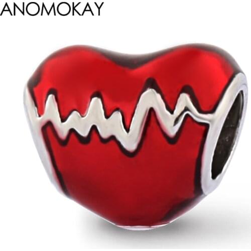 Anomokay Classic Romantic Red ECG Heart Charms fit Bracelets Necklace Red Love Enamel Beads for Couples Lovers DIY Jewelry