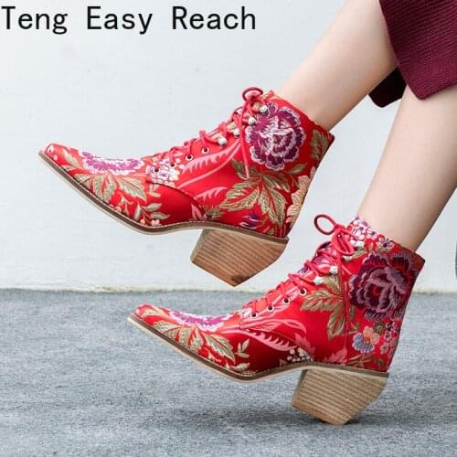 Leather Boots Women Genuine Pointed Toe Mid Heel Ankle Boots Thick Square Heel Slip on Western Boots Cowboy Boots Women 2021 New