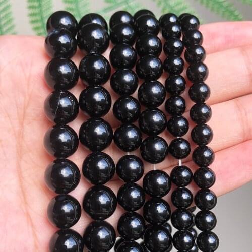 Natural Stone Black Smooth Onyx Agates Round Loose Beads for Jewelry Making DIY Bracelet 15" Strand 4-12mm