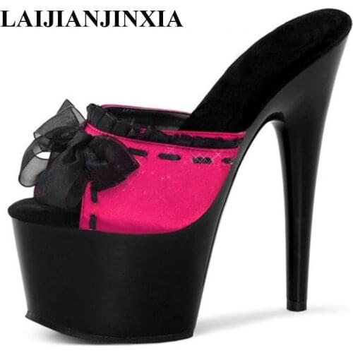 LAIJIANJINXIA Romantic Women Slippers Shoes 17CM High Heel 7cm Platforms Night Pole Dance Performance /Star/Model Dance Shoes