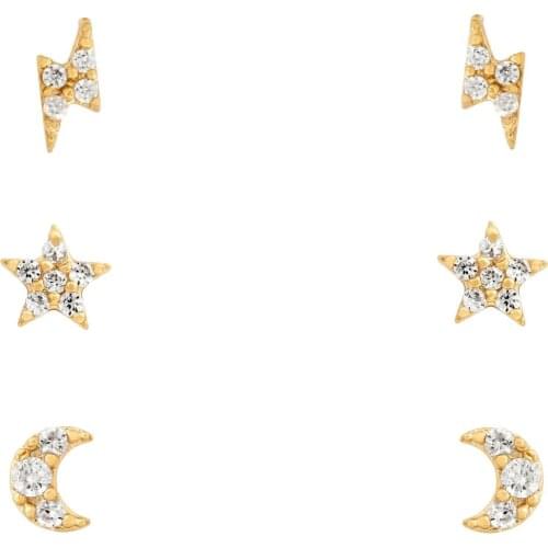 Set of 3 pairs minimal minimalist simple small stud earring 925 sterling silver moon star bolt mini earring sets