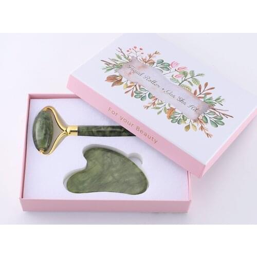 Natural Jade Roller Thin Face Massager Lifting Tools Slim Facial Gua Sha Green Stone Anti-aging Wrinkle Skin Beauty Care Set Box