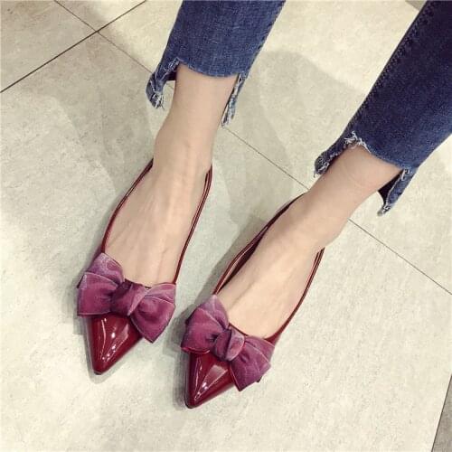 Newest Low Heel Pointed Toe Patent Leather Pumps Fashion Bowknot Spring Autumn Shallow Mouth Office Women Shoes 3 cm Heel