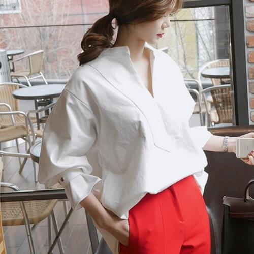 New Spring Women V-neck Shirts Butterfly Loose Western Open Blouse white pink Puff long Sleeve Female BF stand Collar Shirts