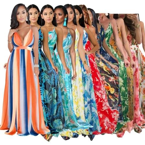 Zoctuo Print Maxi Dresses Deep V-neck Sexy Backless Girl Party Dress Fashion Spaghetti Straps Summer Casual Club Dresses Womens