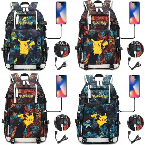 Anime School Backpack Anime Pokemon Go Game Pikachu Boys Girls Fashion Usb Charging School Bag Computer Bags Large Capacity