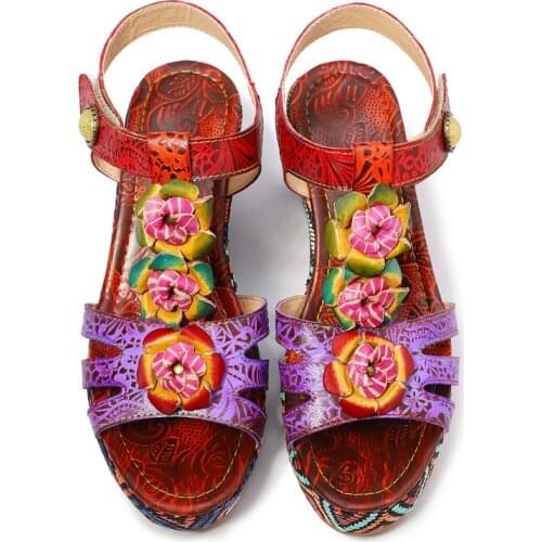 Soft Matte Genuine Leather Splicing Floral Wedges Heel Adjustable Hook Loop Casual Sandals Retro Leather Shoes New Summer