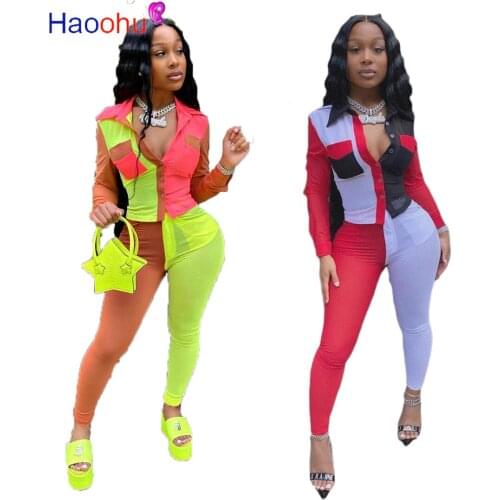 HAOOHU Sexy Plus Size Two Piece Set Women Tracksuit Blouse Sweatpants 2 Piece Club Birthday Outfits Matching Sets