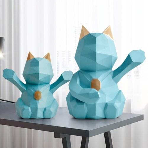Nordic 3D Stereo Geometric Lucky Cat Crafts Decoration Resin Ornament Home Office Desktop Resin Figurines Mascot Birthday Gift
