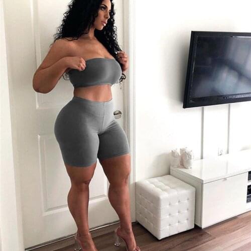 Hirigin Sport Women Solid Color Two Piece Set Strapless Crop Tops Shorts Jogger Sweatpants Suit Tracksuit Matching Set Outfit