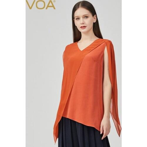 VOA Silk 30mm Heavyweight Retro Red V-neck Bumper Stitching Distressed Craftsmanship Shawl Long-sleeved T-shirt Female BE820