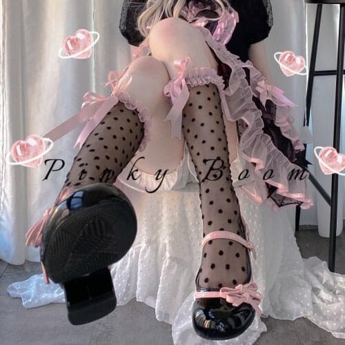 Japanese Cute Sweet Bow Polka Dots Calf Socks Jk Lace Socks Summer Thin Sheer Socks Lolita Knee Socks Pink High Knew Socks