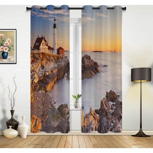 Coast Lighthouse Sunrise Curtains for Bedroom Kids Room Living Room Window Curtain Luxury Curtains for Kitchen