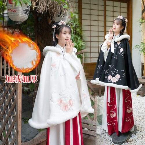 Hooded hair collar medium long cloak traditional daily Chinese clothing womens wool warm Cape Han element woolen coat