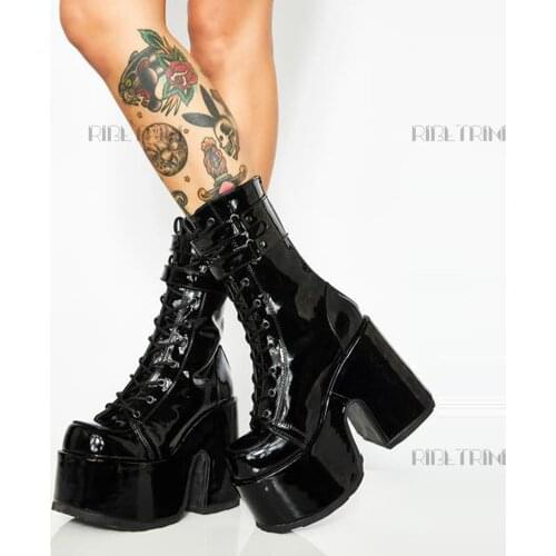 New Brand Luxury Designer Platform High Heels Chunky Goth Women Boots Lace Up Zipper Buckle Fashion Punk Ladies Shoes Size 43