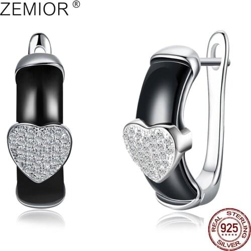 ZEMIOR Genuine 925 Sterling Silver Heart Full Cubic Zirconia Earrings For Women Trendy Ceramics Stud Earring Fine Jewelry