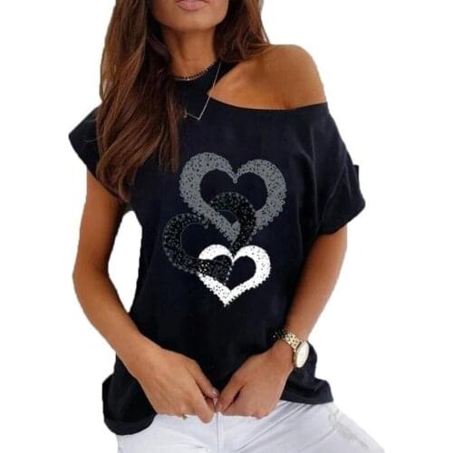 Women Black Casual Harajuku Pullover Short Sleeve Top 3D Printing Love Round Neck Strapless Summer Female T-shirt Street Tee