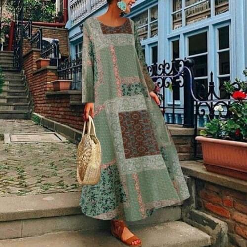 ZANZEA Women Autumn Vintage Floral Printed Long Dress Cotton Linen Sundress Robe Femme Long Sleeve Loose Maxi Vestido