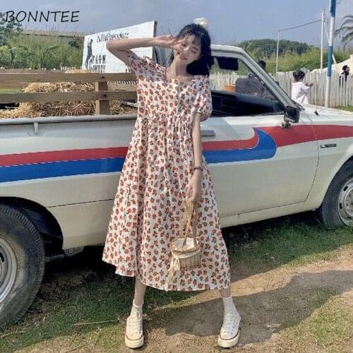 Puff Sleeve Dress Women Square Collar Sweet Student Mid-calf Chiffon Baggy Leisure Summer Stylish Daily Femme Vestidos Ulzzang