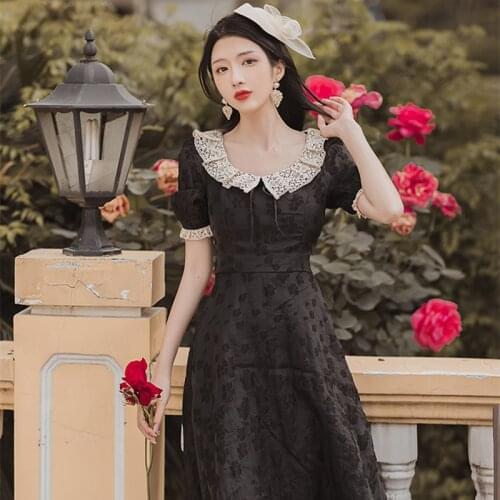 Summer Dress 2021 French Palace Style Black Jacquard Vestidos Lace Square Collar Elegant Puff Sleeve Retro Dress