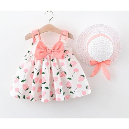 2021 Summer Baby Girls Dresses For Baby Casual Beach Bow Print Sundress Princess Dress Infant Dress Newborn Clothes Send Hat