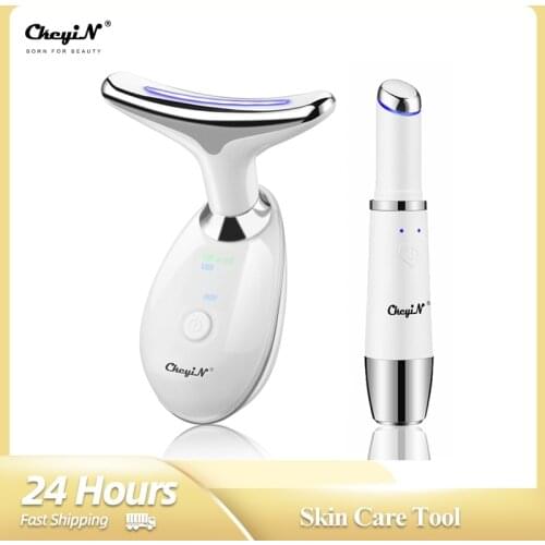 CkeyiN 3 Color LED Facial Neck Lifting Massager Ionic Eye Face Vibration Anti Wrinkle Tightening Skin Care Eye Heating Machine