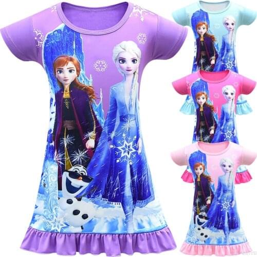 Disney Frozen Elsa Dress Girls Nightdress Clothes Summer Cartoon Nightgown Childrens Clothing Short Sleeve Dress