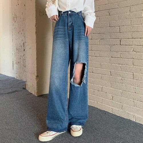Capris Hole Wide-Legged Korean Vintage Clothes WomenS High Waist Trousers Fashion Jeans Pants For Girls Streetwear 2021 Autumn