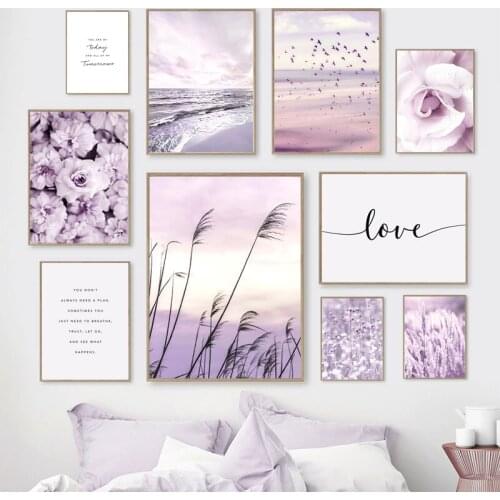 Purple Sea Beach Seagull Wall Art Canvas Painting Nordic Reed Rose Peony Posters and Prints Flower Picture for Living Room Decor