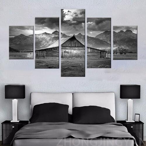 Barn Pictures Grand Teton Paintings Black and White Canvas USA Landmarks on Wall Art,Modern Wall Art 5 Piece Artwork for Home De