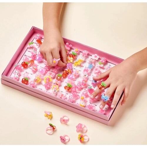 PandaHall 100pcs/box Cute Childrens Day Jewelry Plastic Kids Ring Girl Resin Rings Mixed Style Animal Fruit Gift Present