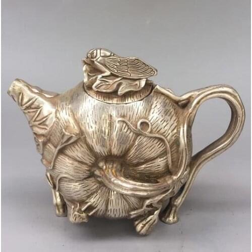 Collection Tibet Silver Carving Cicada Pumpkin Teapot Water Pot Wine Pot Copper Pot Plant Animal Statue Home Decoration