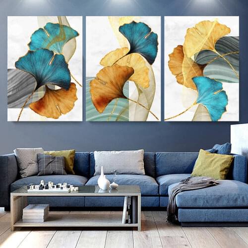 Colorful Ginkgo Leaf Canvas Painting Nordic Wall Art Abstract Marble Backdrop Home Decor Poster and Print for Living Room Design