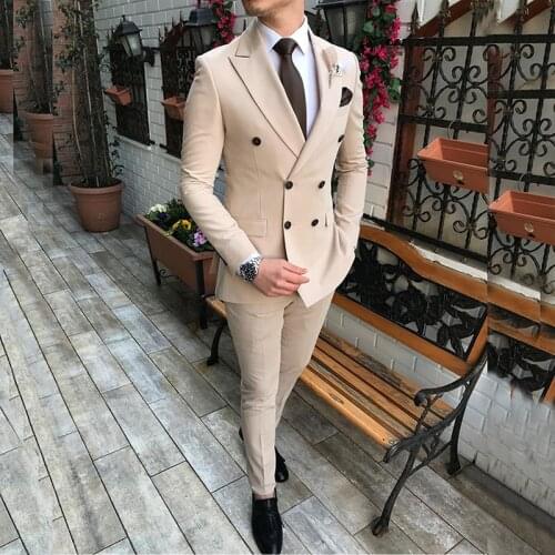 2021 New Beige Mens Suit 2 Pieces Double-breasted Notch Lapel Flat Slim Fit Casual Tuxedos for Wedding(Blazer+Pants)