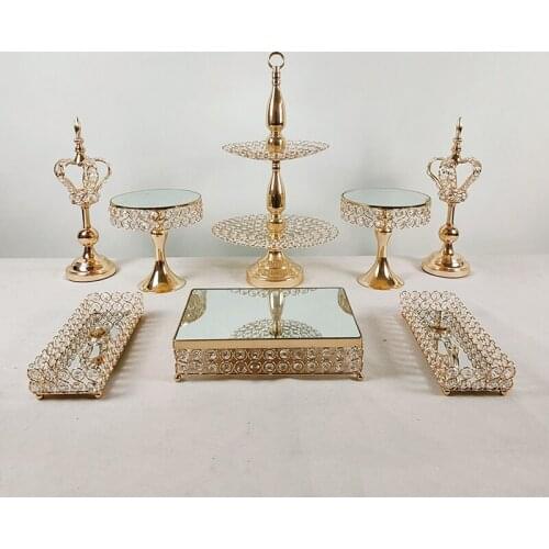 8 Piece Set Crystal gold Plated Cheese Dessert Cupcake Cake Stand with Mirror Plate