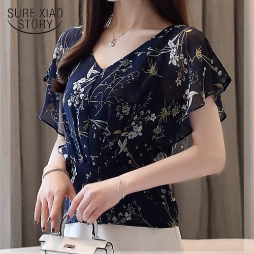 New 2020 Summer Women Shirts Short Sleeves Chiffon Female Blouses Office Lady Sweet Floral Ruffled Trumpet Tops Blusas D656 30