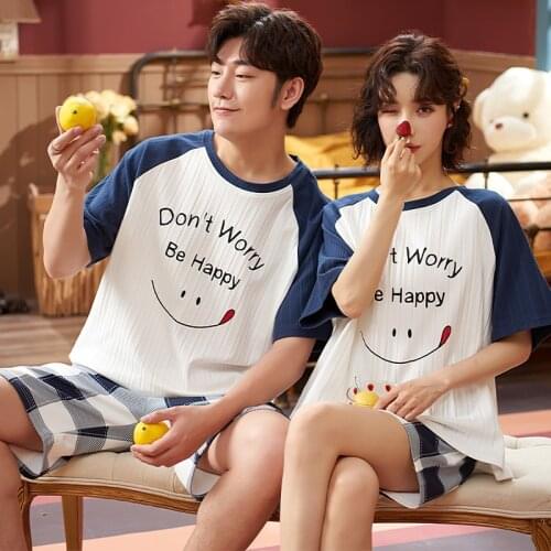 SLPBELY Couple Pajamas Set Night Suit Summer Cute Cotton Smiley Short Sleeve Plaid Shorts Men And Women Lovers Nightwear Pyjamas