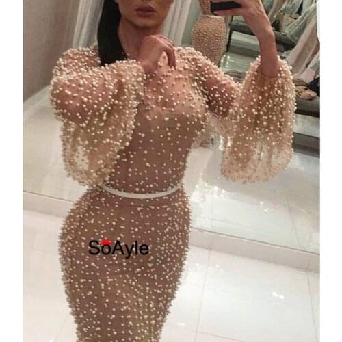 SoAyle Mermaid Pearls Evening Dress Bling Bling Champagne Tulle Pagoda Sleeve Vestidos De Festa Yousef 2017 New Collection