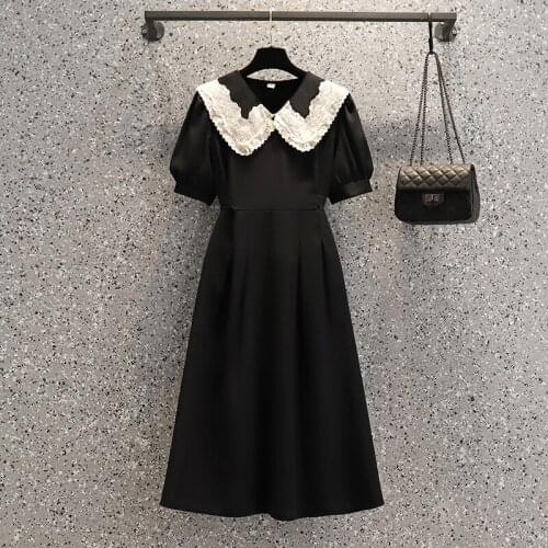 Plus size women Summer black vintage dresses office ladies elegant lace patchwork peter pan collar short sleeve bandage vestidos